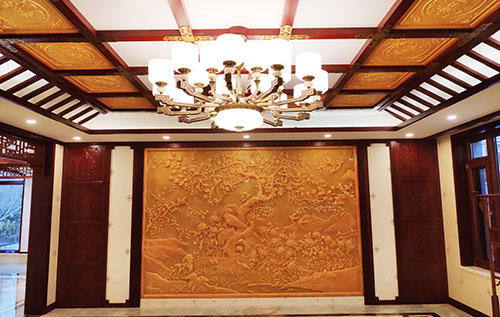 周宁中式别墅客厅中式木作横梁吊顶装饰展示